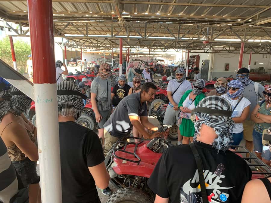 Desert Sunset Quad Bike ATV for 50Km, Oriental Show, Dinner, - Getting ready at the secure quad station and learning fast