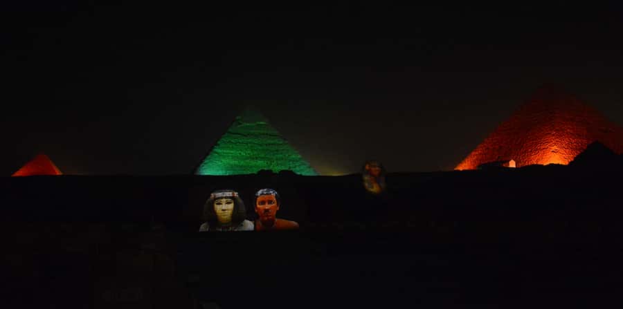 From Cairo: Giza Pyramids Tour with Light Show and Transfer - Seeing Cheops, Chefren, and Mykerinus glow in colored light