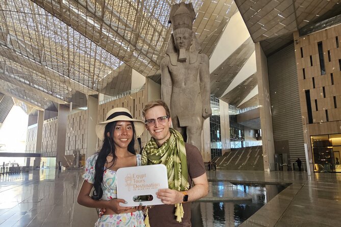 Grand Egyptian Museum, Grand staircase, New Galleries & lunch - Grand open court: Ramses II, red granite, and the scale test