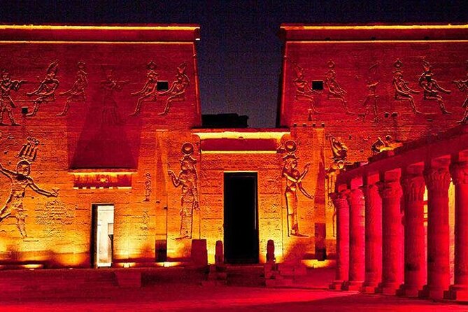 Philae Temple Sound and Light Show with Private Transport - Inside the floodlit complex: courts, halls, and laser projections